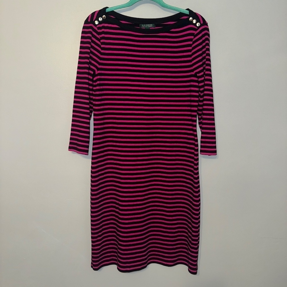 EUC Lauren Ralph Lauren Magenta Navy Striped Knit Shift Dress Size Large